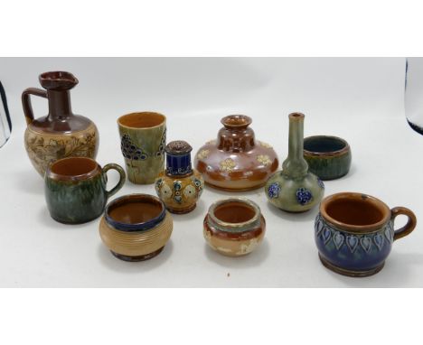 Royal Doulton Lambeth Style Stoneware Small Vases, Ewer, Beaker , Condiment pot, mugs etc, tallest 12.5cm (10) 