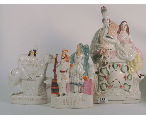 Three Staffordshire figures - all with some damage. Highland piper &amp; female companion sitting on a clock . Height 29cm to