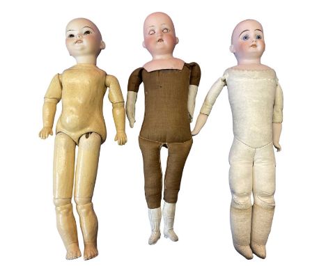 3 continental bisque head dolls without hair: - Heubach Koppelsdorf on cloth body. Marked to back of head 275.12/o. Length ap