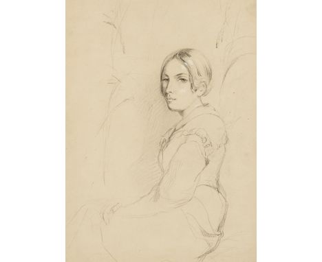 ☐ FOLLOWER OF GEORGE RICHMOND, RA (1809-1896)PORTRAIT OF A WOMANpencil heightened with white34 x 25 cm/13 1/2 x 9 3/4 in