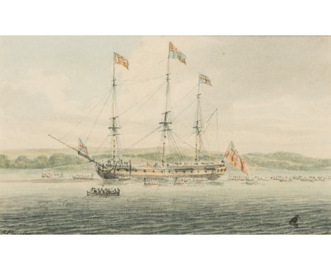 ROBERT CLEVELEY (1747-1809)HIS MAJESTY KING GEORGE III BOARDING THE ROYAL YACHTsigned l.l. R. Cleveleywatercolour10.6 x 8 cm/