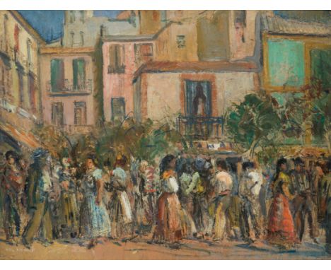 • ☐ HAL WOOLF, N.S. (1902-1962)FIESTA (1936)signed lower leftoil on card35.0 x 46.0 cm / 13 3/4 x 18 inProvenance: Major Norm