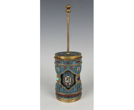 A Chinese gilt copper and cloisonné enamel Tibetan style prayer wheel, mark of Qianlong but probably later, the cylindrical o