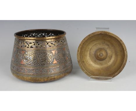 An Egyptian Mamluk Revival silver and copper inlaid brass jardinière, late 19th/early 20th century, of tapered circular form 