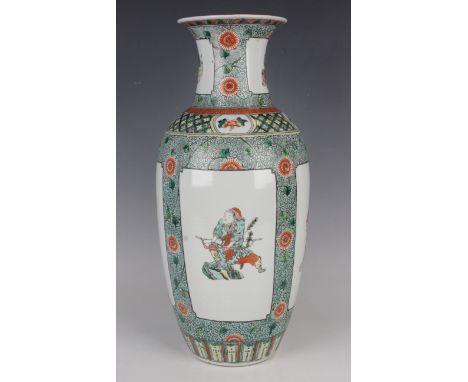 A Chinese famille verte porcelain vase, late 19th century, the elongated ovoid body painted with four figural panels, reserve