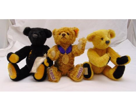 Steiff Golden Jubilee bear yellow tag 660740 and two limited edition Deans Teddy Bears with COAs Nightfall 370/2000 and Golde