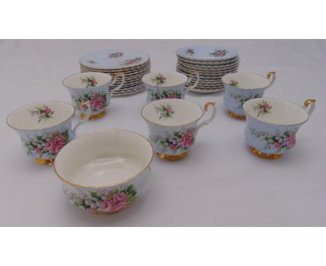 Royal Albert tea set light blue ground with floral decoration to include plates, cups, saucers and sugar bowl (31)