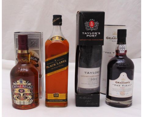 A quantity of whisky and port to include Chivas Regal 70cl, Johnnie Walker Black label 1 litre, W &amp; J Grahams The Twany p