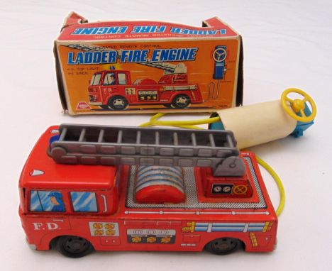 Asahi litho tin plate remote control battery operated Ladder Fire Engine with top light and siren, play worn and damage to or