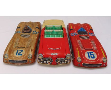 Three vintage litho tin plate large format friction cars, all play worn