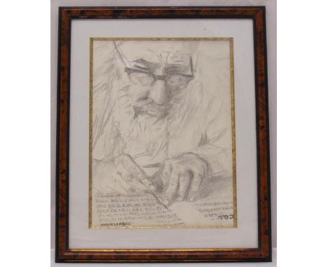 A framed and glazed pencil sketch of a scribe writing Hebrew characters, 40 x 30cm