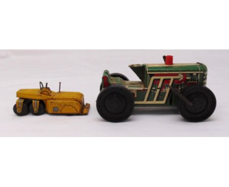 A vintage litho tin plate tractor and a vintage litho tin plate roller both play worn