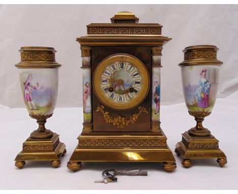 A 19th century French mantle clock of rectangular form, lacquered metal, the painted enamel dial with Roman numerals flanked 