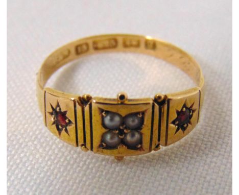 Victorian 15ct yellow gold seed pearl and garnet ring, approx total weight 1.7g