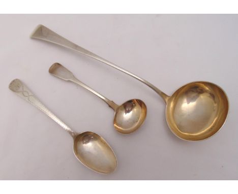A Georgian hallmarked silver soup ladle, London 1804, a Georgian hallmarked silver sauce ladle circa 1777 and a hallmarked si