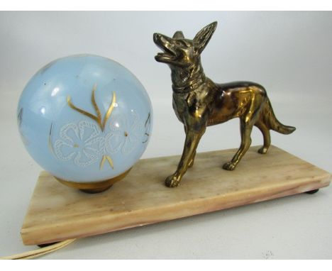 French Art Deco table lamp with brass figure of a dog on marble plinth