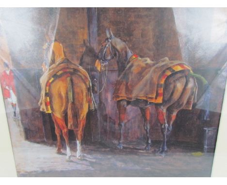 David Crane - A signed print depicting a Hunting scene depicting two tacked up horses in Newmarket fleeces, awaiting the Hunt