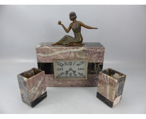 Art Deco Marble mantle clock with marble Garniture.  Key in office