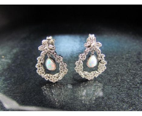 Silver and opal pair of panelled earrings