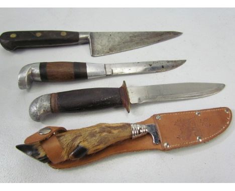 Selection of four hunting knives to include a deers hoof