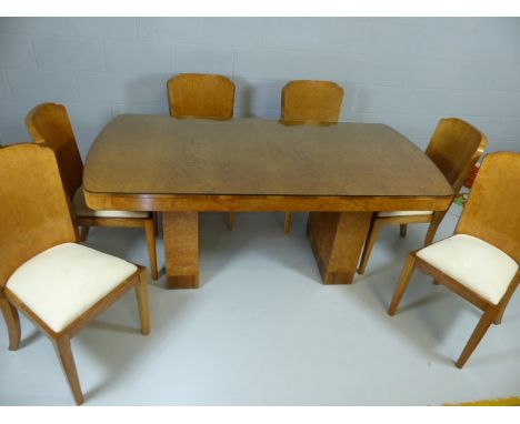 Light Birds eye Maple Art Deco dining table with six matching chairs upholstered in suede, glass top cover.