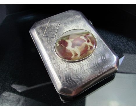 Joseph Gloster Ltd - Hallmarked silver cigarette case. Central panel to front depicting a hunting dog