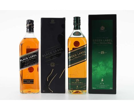 JOHNNIE WALKER 15 YEAR OLD GREEN LABEL 1L AND 12 YEAR OLD BLACK LABEL 1L BLENDED WHISKY  Green Label 43% ABV / 1LBlack Label 