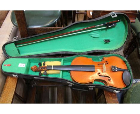 A CASED STUDENT'S VIOLIN &amp; BOW 