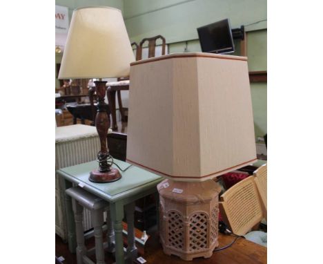 A PAINTED TABLE LAMP &amp; SHADE together with a pierced POTTERY TABLE LAMP 