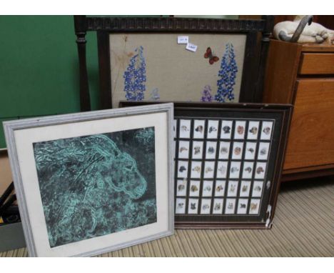 A WOODEN FRAMED TAPESTRY FIRE SCREEN together with a Limited Edition Donkey print &amp; a series of framed &amp; mounted ciga