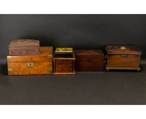 Collection of Six Mostly Antique Boxes to include a Maple wood sewing box, A Walnut box with brass handles a converted tea ca