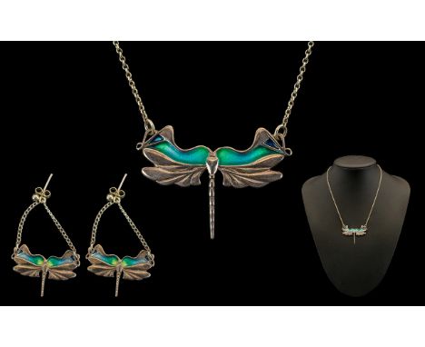 Scottish Enamel Silver Dragonfly Necklace &amp; Earrings. Fully Hall Marked for Edinburgh 1981, maker P P C. wonderful qualit