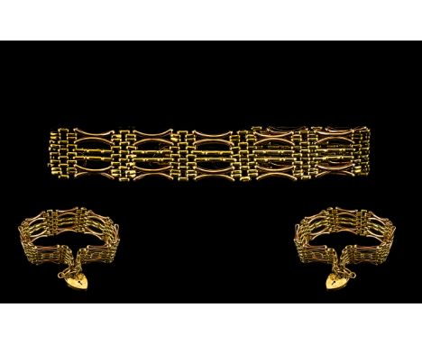 9ct Gold Fancy - Ornate Well Made Six Bar Gate Bracelet of Two Tone Colour with Attached Heart Shaped Padlock and Safety Chai