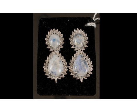 Rainbow Moonstone Drop Earrings, two pear cut rainbow moonstones set below two oval cut ones, totalling 17.25cts, each stone 