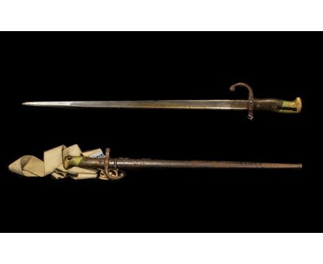 1st World War French Bayonet. French Bayonet and scabbard, dated along the edge 1887, total length 26 inches, please see acco
