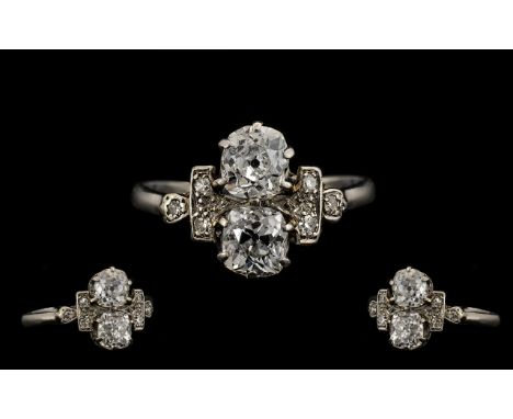 Antique Period - Stunning Platinum Diamond Set Dress Ring, The Two Central Old Brilliant Cut Diamonds of Top Colour and Clari