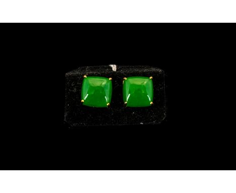 Jade Square Cut Solitaire Stud Earrings, each earring comprising a solitaire, square cushion cabochon green jade of 8.5cts, s