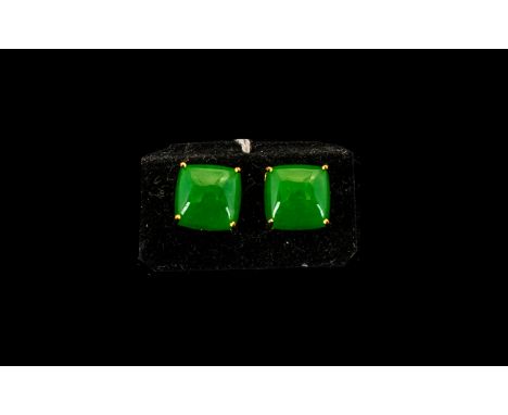 Jade Square Cut Solitaire Stud Earrings, each earring comprising a solitaire, square cushion cabochon green jade of 8.5cts, s