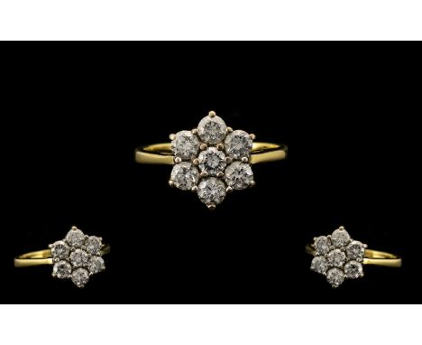 18ct Gold - Attractive Diamond Set Cluster Ring - Flower head Design. Full Hallmark for 18ct. The Round Modern Brilliant Cut 