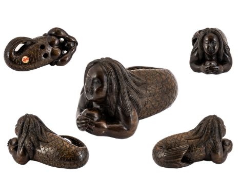 Japanese Signed and Carved Boxwood Netsuke - Depicts Mermaid Holding a Large Pearl. 2.25 Inches - 5.75 cm Long. Excellent Con