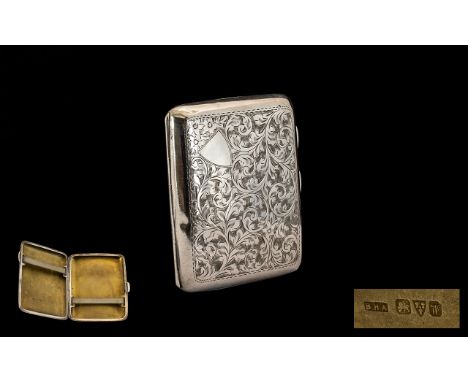 Ladies 0 Nice Quality Sterling Silver Hinged Cigarette Case with Gilt Interior, Push Button to Open. Engraved Floral Decorati