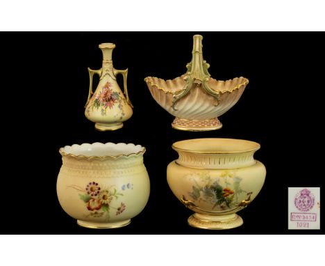 Royal Worcester Collection of Hand Painted Blush Ivory Pieces ( 4 ) In Total. Comprises 1/ Nice Quality Footed Bowl with Pain