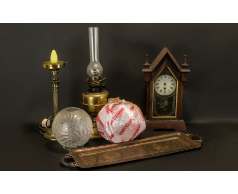 Collection of Vintage Metal Ware to include a brass oil lamp; a brass candle based lamp with a glass globe shade; a ceramic p