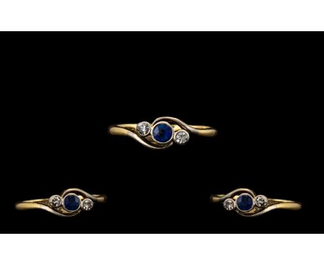 18ct Gold Attractive Sapphire &amp; Diamond 3 Stone Ring.  Marked 18ct.  Ring size K.  All aspects of condition excellent. Pl