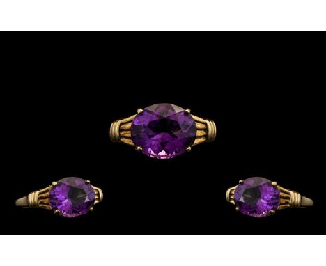 9ct Gold Nice Quality Single Stone Amethyst Set Dress Ring the faceted amethyst of excellent colour est weight 3.50 cts. Full