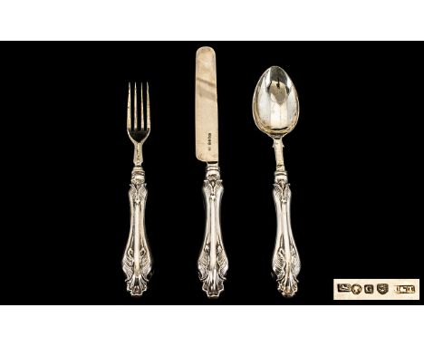 Victorian Period Superior Quality Sterling Silver 3 Piece Christening Set.  Includes fork, spoon and knife.  Both handles and