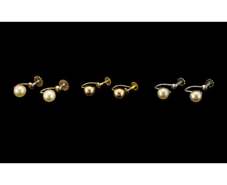Two Pairs of Ladies 9ct Gold Pearl Set Earrings - both marked for 9ct. Plus a pair of Sterling Silver Pearl set Earrings mark