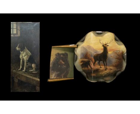 EARLY 20TH CENTURY OIL ON CANVASS. Portrait of Spaniel dog in tack room. Appears unsigned, 36'' by 15''. Together with 2 late