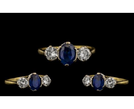 18ct Gold &amp; Platinum Set Nice Quality &amp; Attractive Three Stone Sapphire &amp; Diamond Ring.  Circa 1930s, marked 18ct