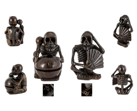 Netsuke Interest - Japanese Carved Boxwood Miniature Figures ( 2 ) Each Depicts a Skeleton Figure, One Holding a Fan, The Oth